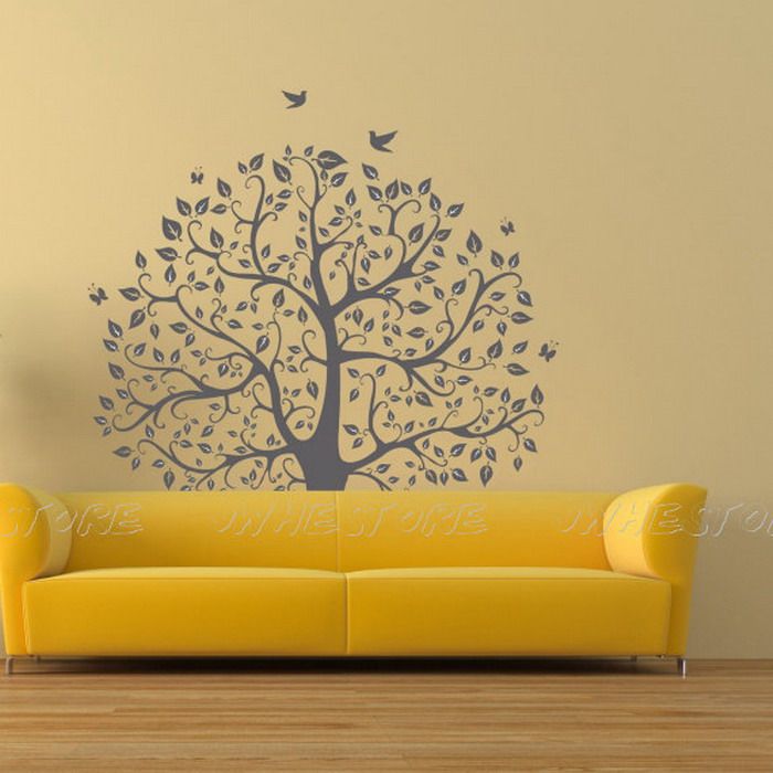Minimalist Living Room with Tree Wall Murals - Wallpaper Mural