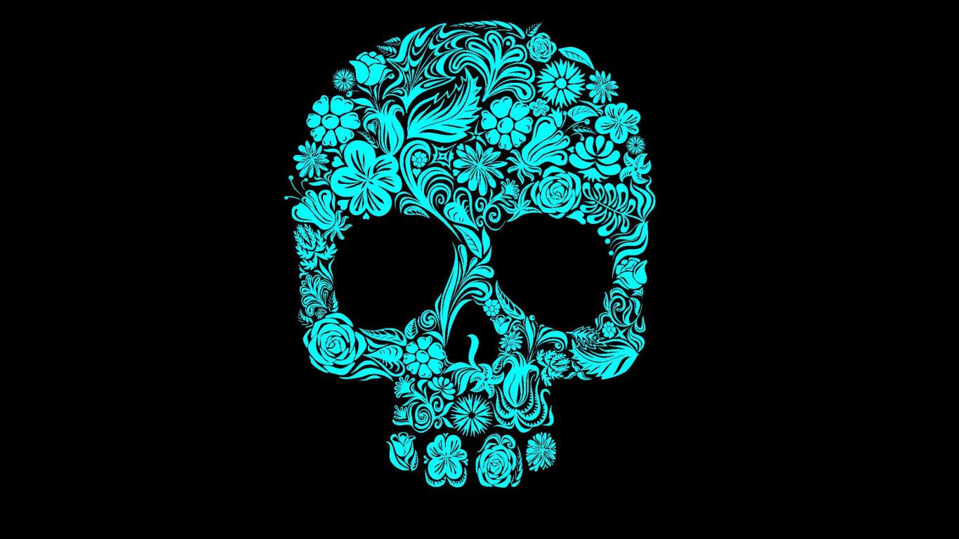 Teal blue floral sugar skull - - High Quality and other