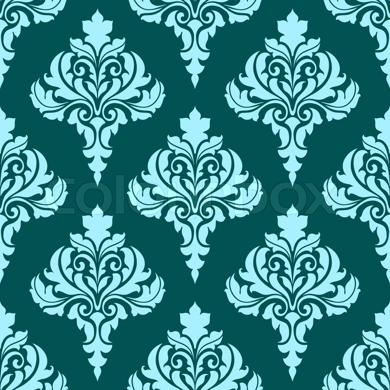 Floral seamless pattern with blue flowers on dark turquoise