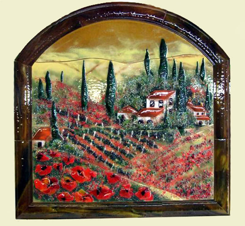 Fused Glass Wall Mural in Tuscan Theme with Poppies Designer