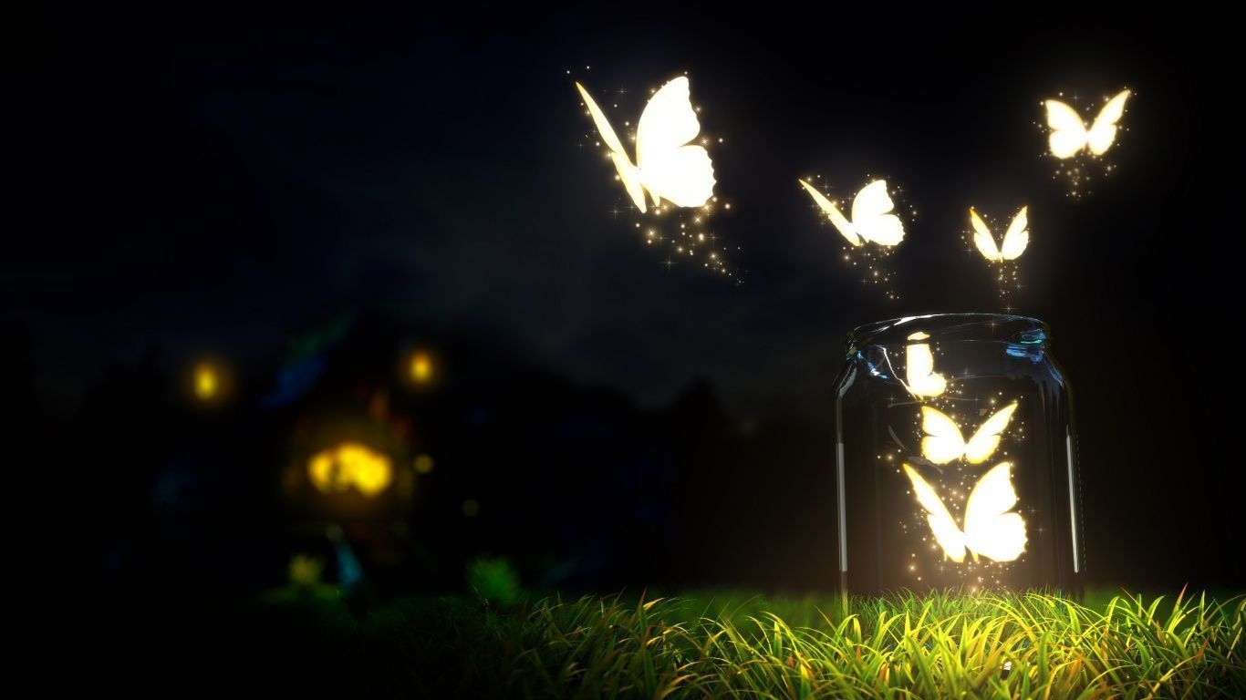 1366x768 Glowing butterflies art Wallpaper