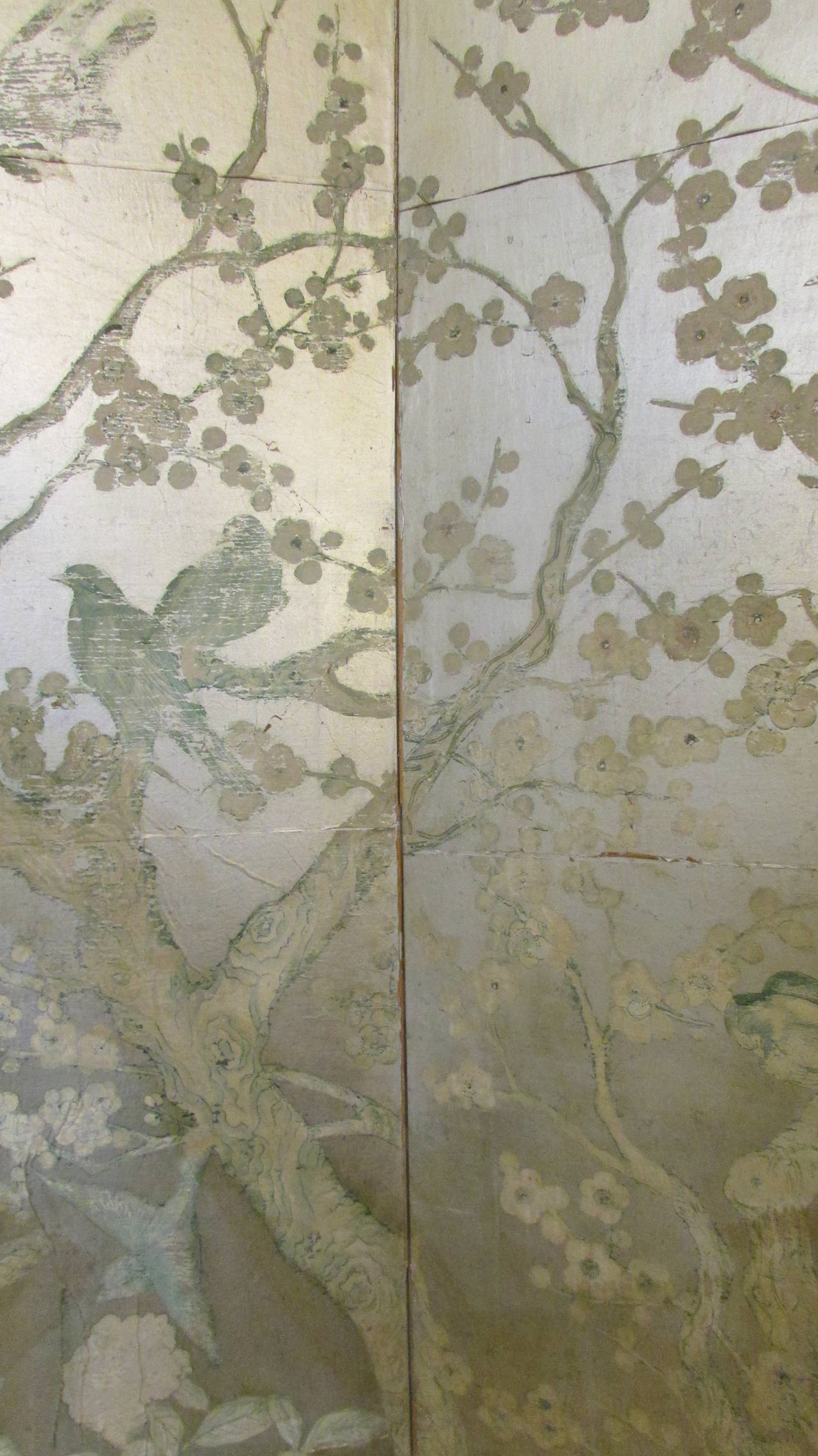 Silver Leaf Chinoiserie Paint Decorated Wallpaper Screen at 1stdibs