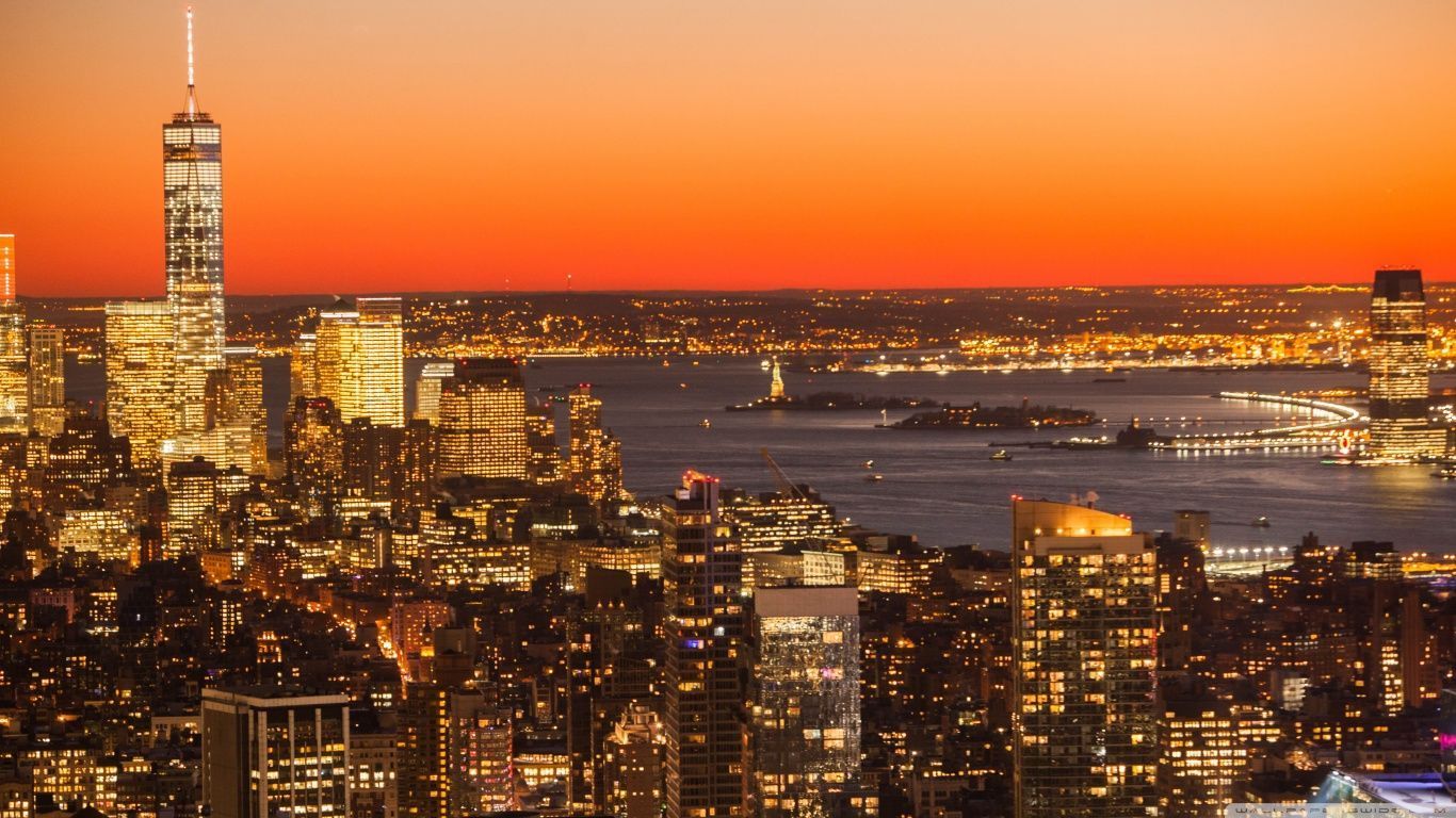 Aerial View Of New York City At Dusk HD desktop wallpaper