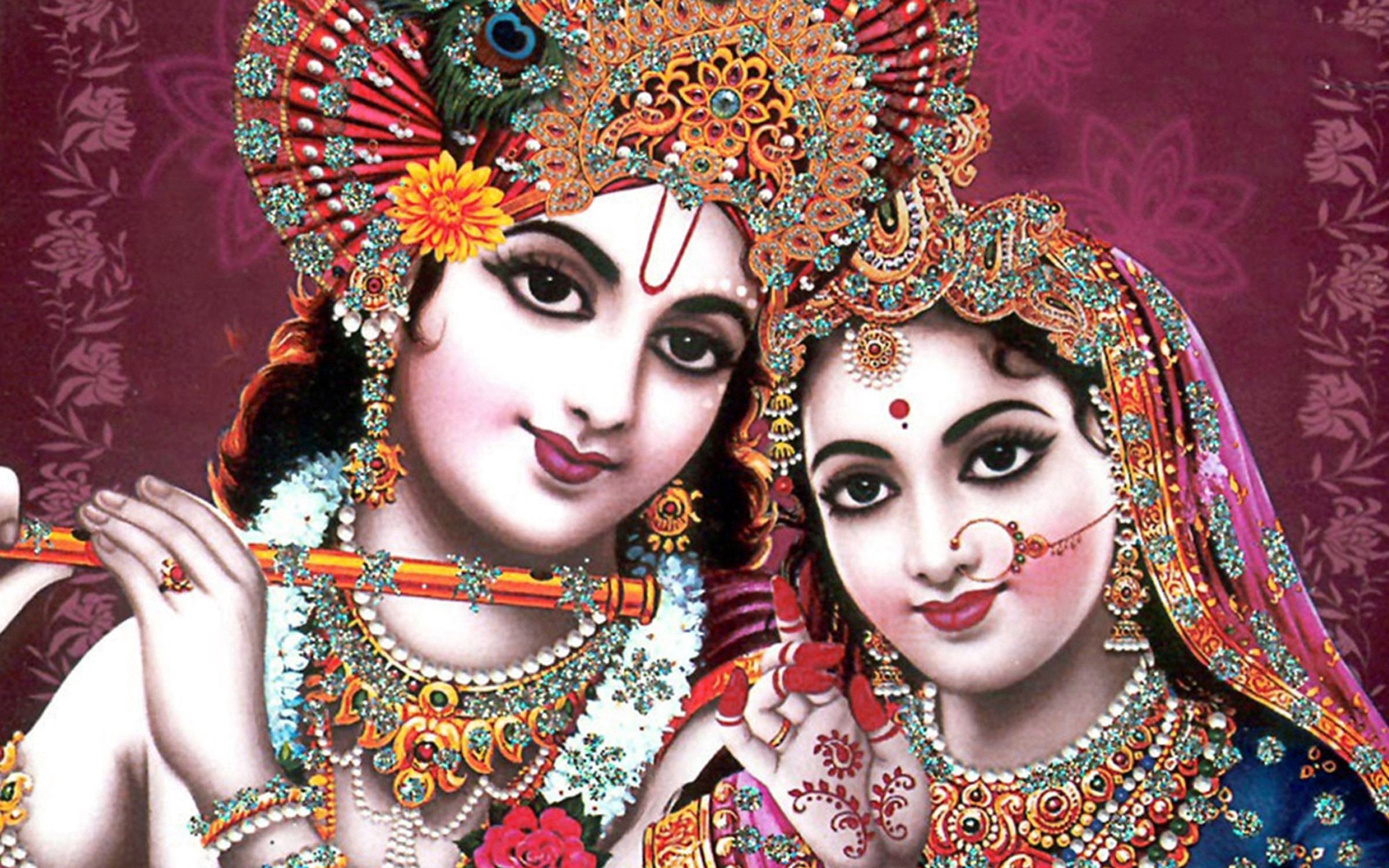 HD Background Radha Krishna Indian God Couple Wife Flute Wallpaper