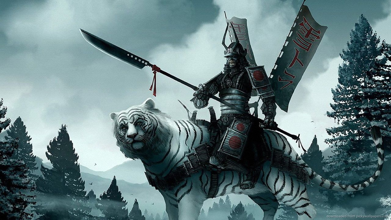 Download 1280x720 Samurai On A White Tiger Wallpaper