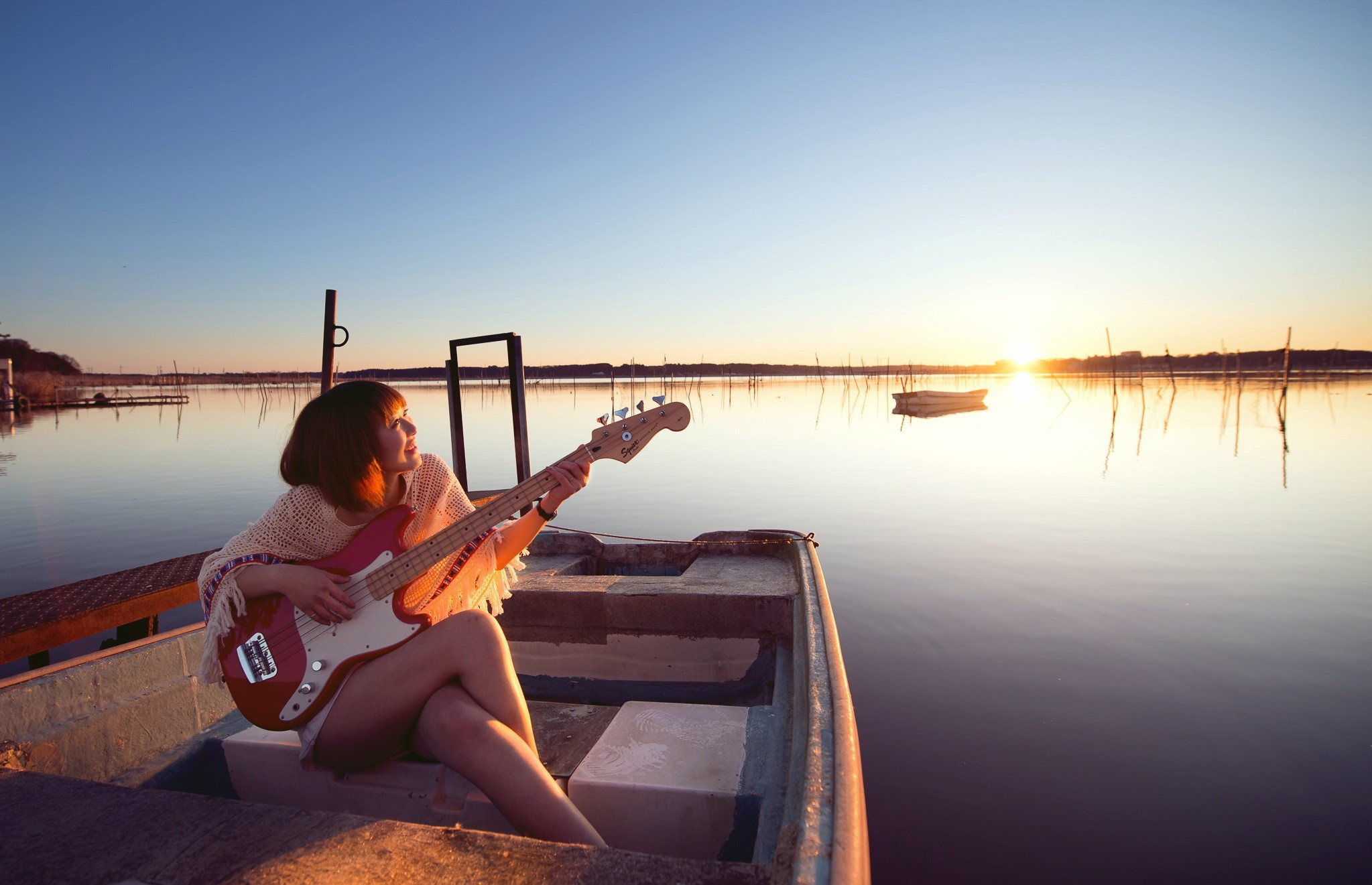 Women, Asian, Bass Guitar, Sunset, Boat, Water, Lake, Reflection ...