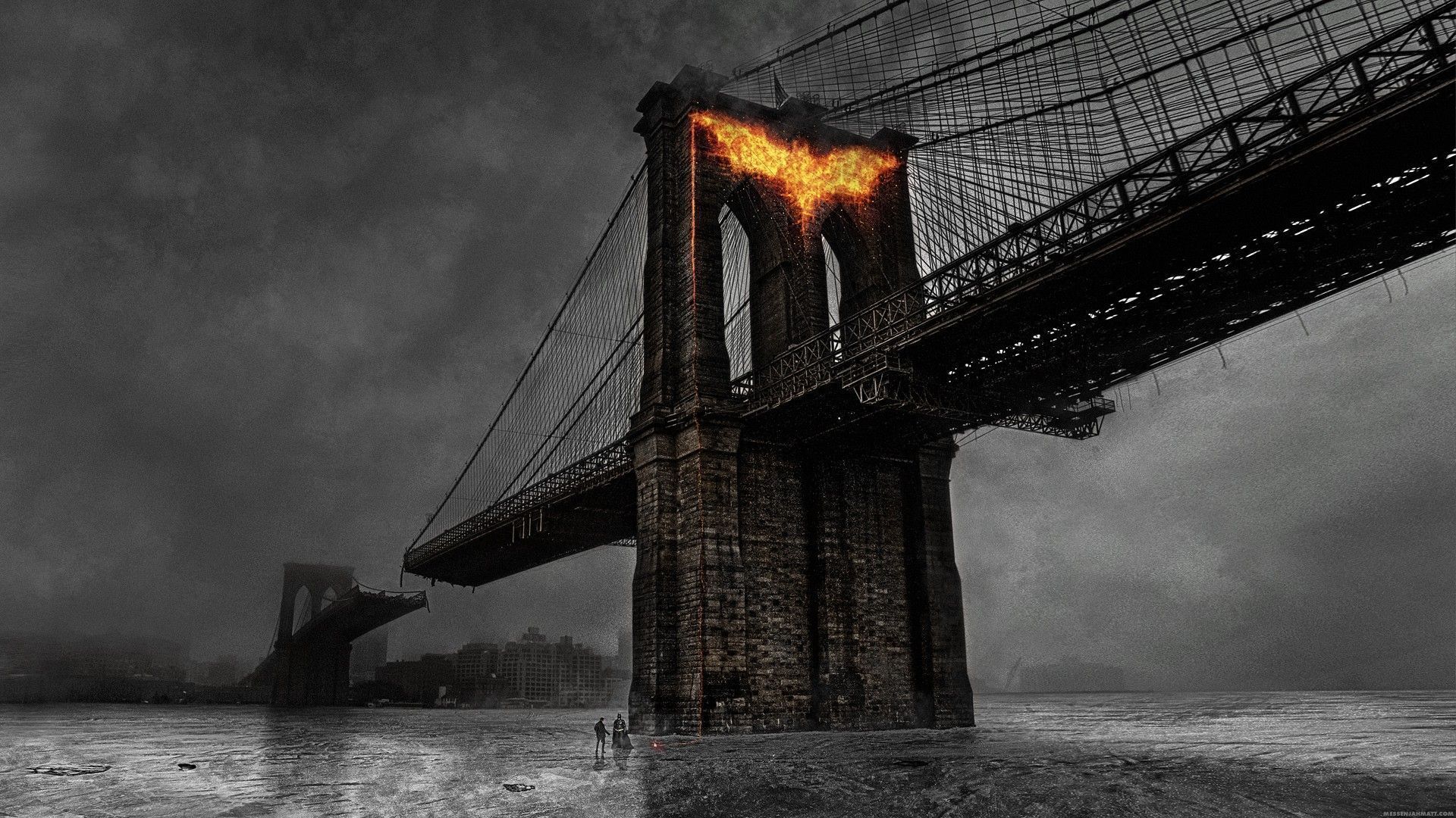 Batman logo in flames on the destroyed bridge of Gotham HD Wallpaper