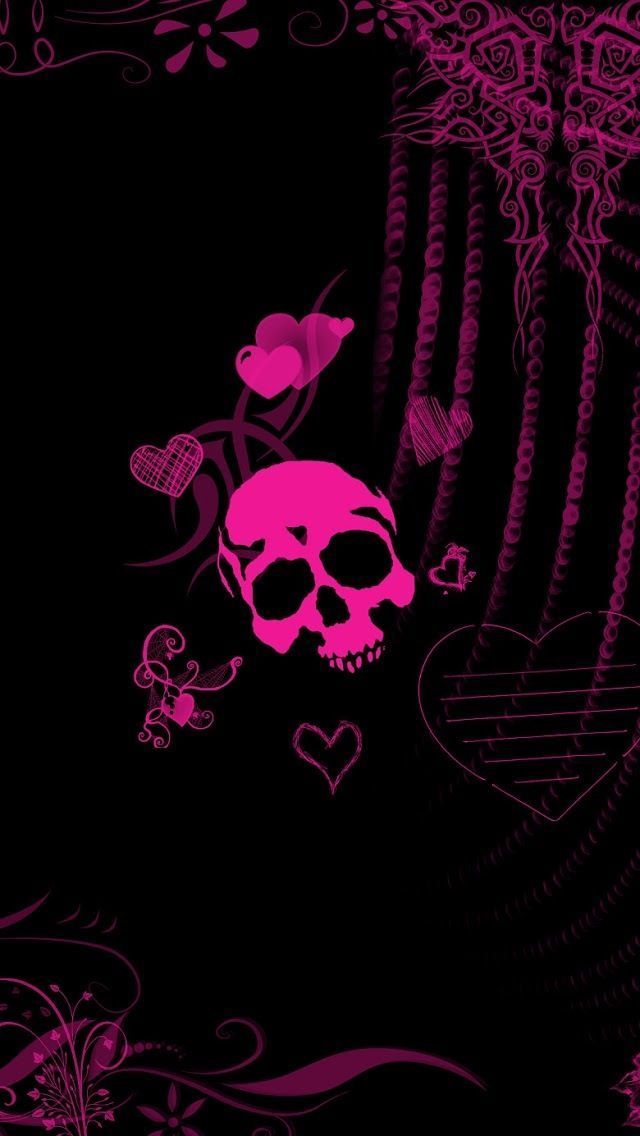 Pink and Black iPhone Wallpaper | Pink Skull & Love Heart iPhone 5 ...