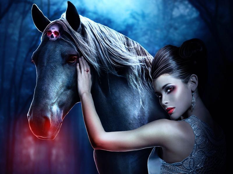 Fantasy girl with a horse, skull, red lips wallpaper,Fantasy HD ...