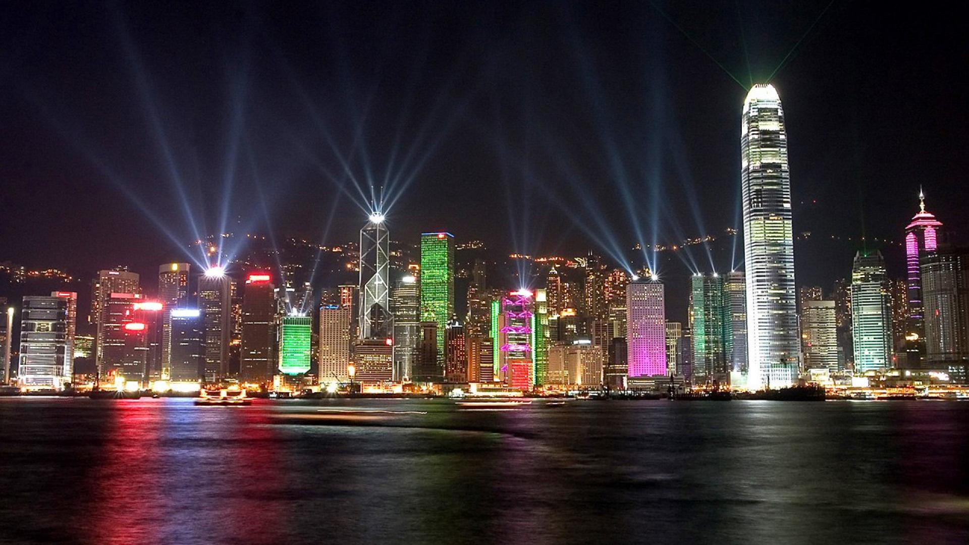 cityscapes buildings hong kong colorful laser show HD Wallpaper ...