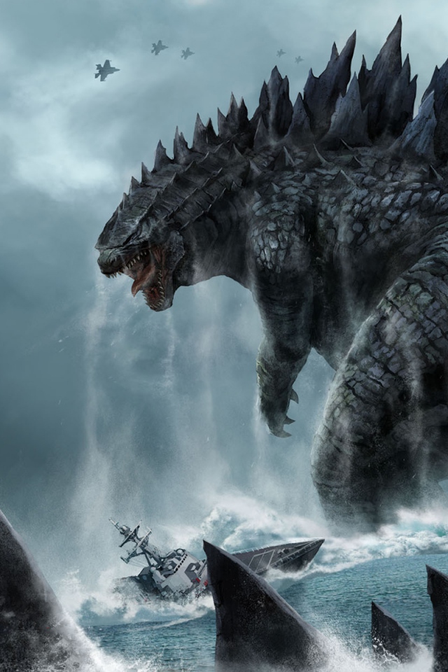Download Wallpaper 640x960 Godzilla, Monster, Dinosaur, Submarine