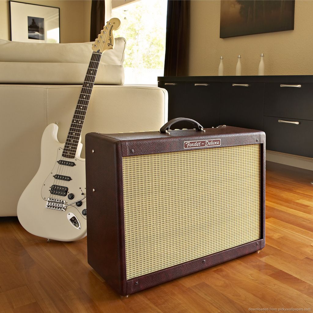 Download White Guitar With Amp In Interior Wallpaper For iPad