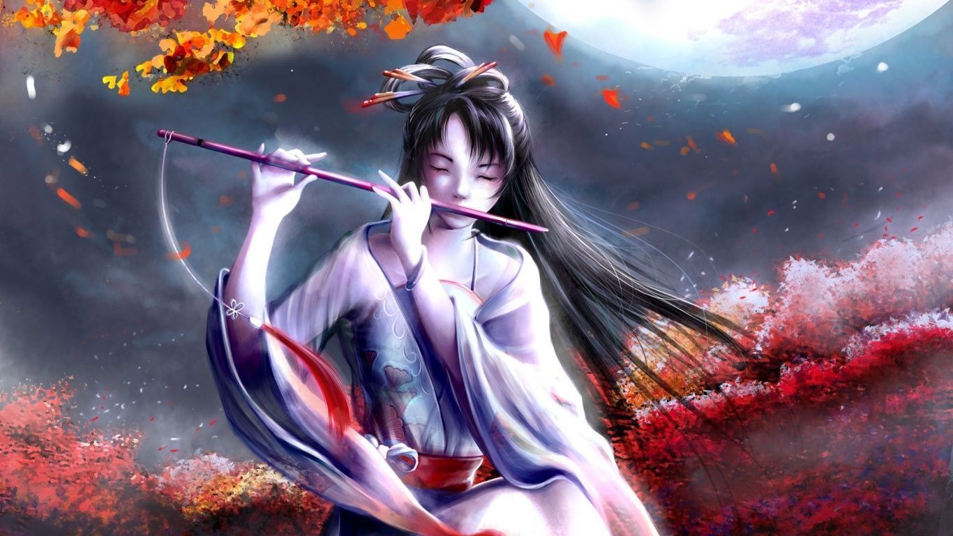 1366x768 Anime Flute Girl Wallpaper