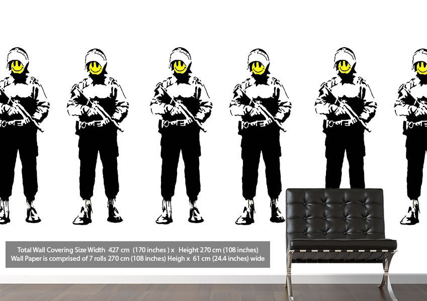 Smiley Face Soldier Line-Up Banksy Wallpaper Printed Wall Paper