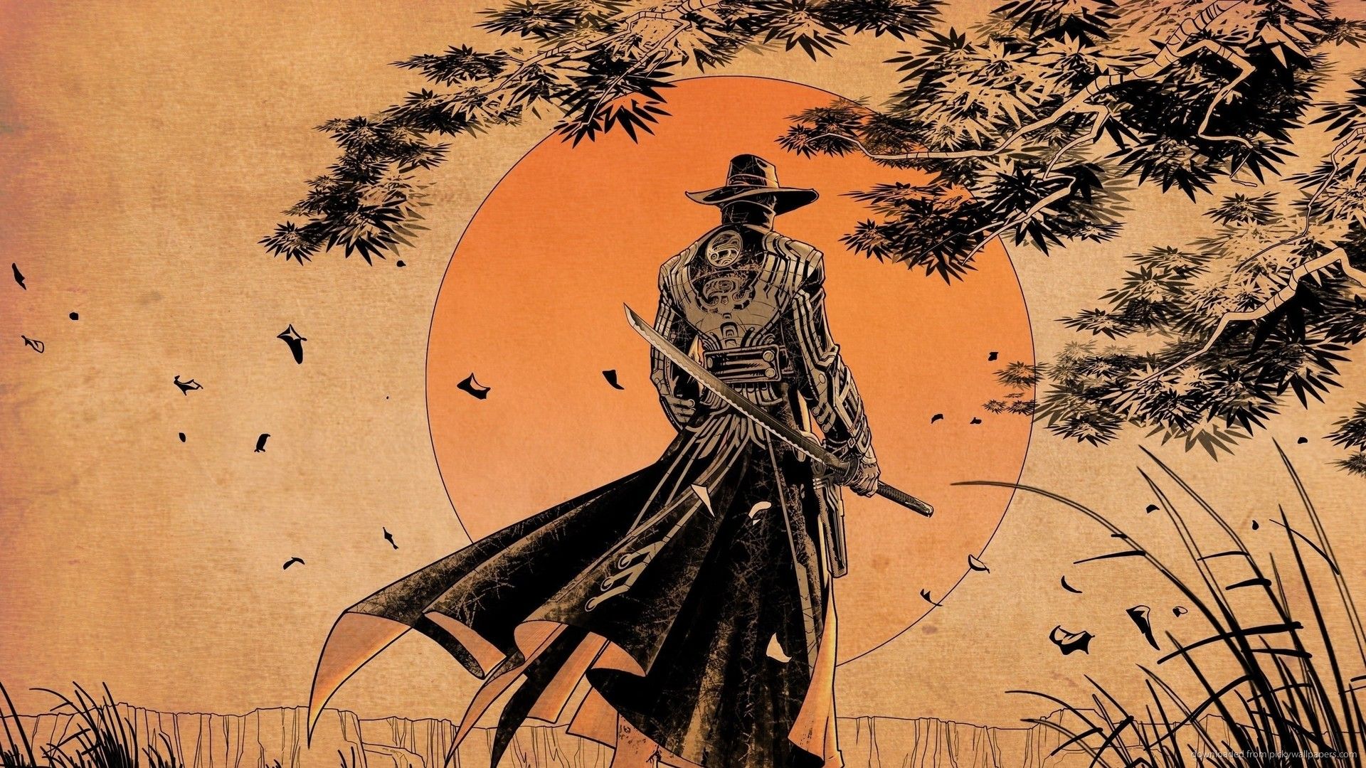 Download 1920x1080 Samurai Sunset Art Wallpaper