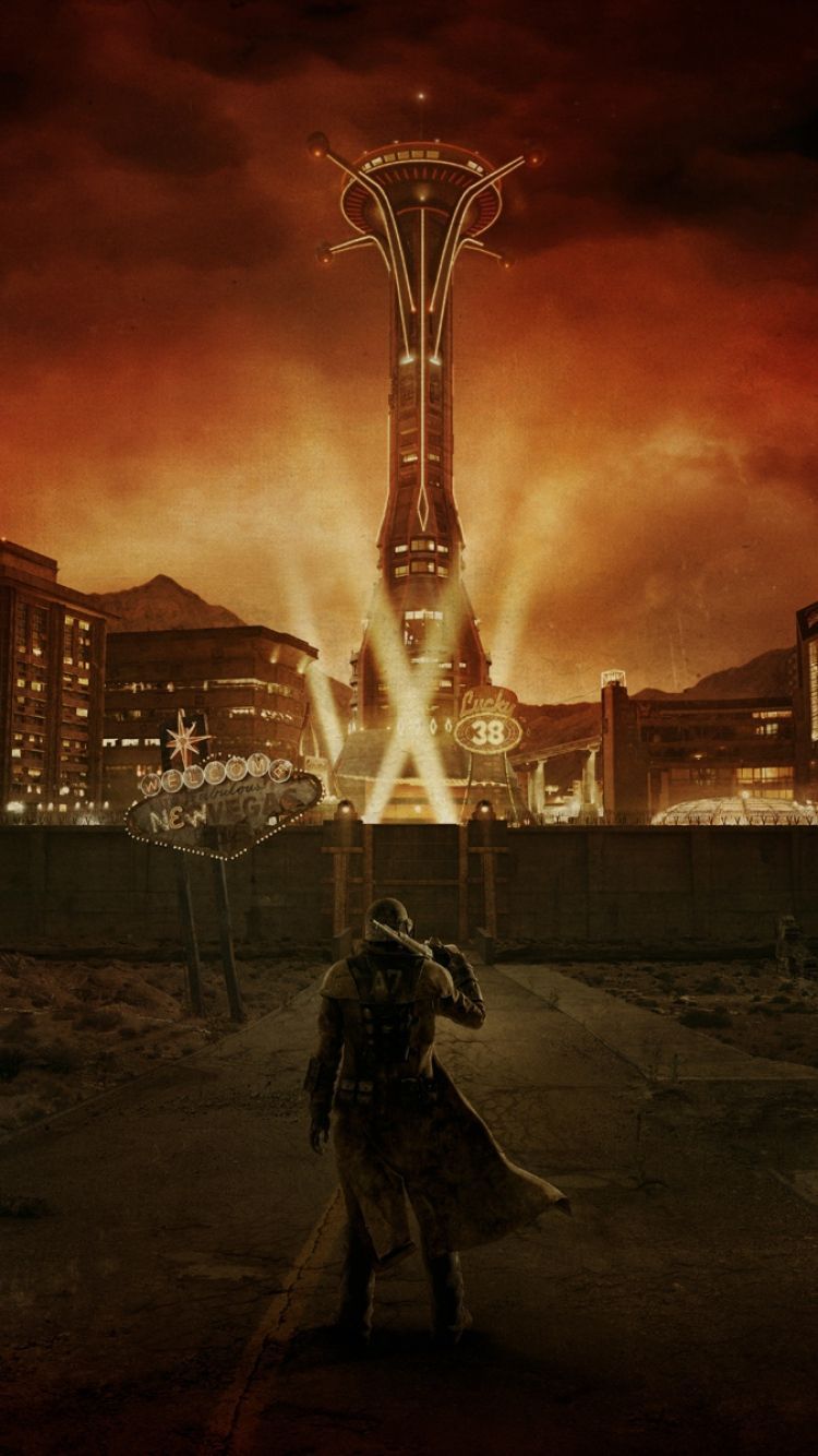 Download Wallpaper 750x1334 Fallout, City, Light, Character, Sky