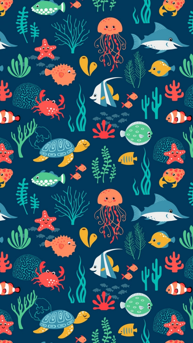Download Wallpaper 750x1334 Fish, Turtle, Jellyfish, Art, Texture