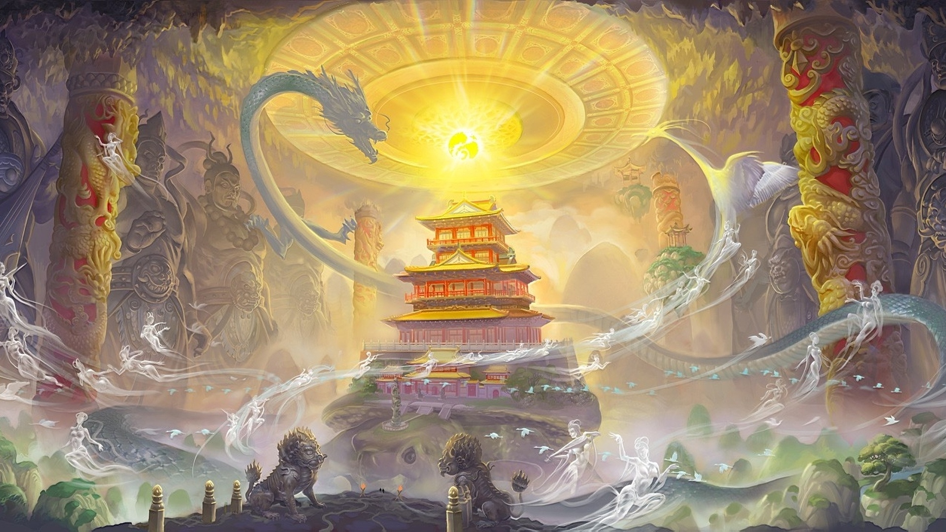 Fantasy dragon asian oriental art castle wallpaper 1920x1080