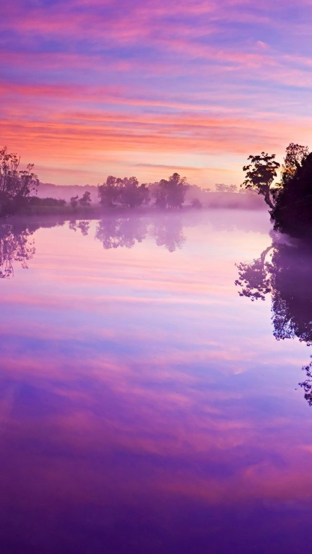 640x1136 Purple Sky River Trees Reflect Iphone 5 wallpaper