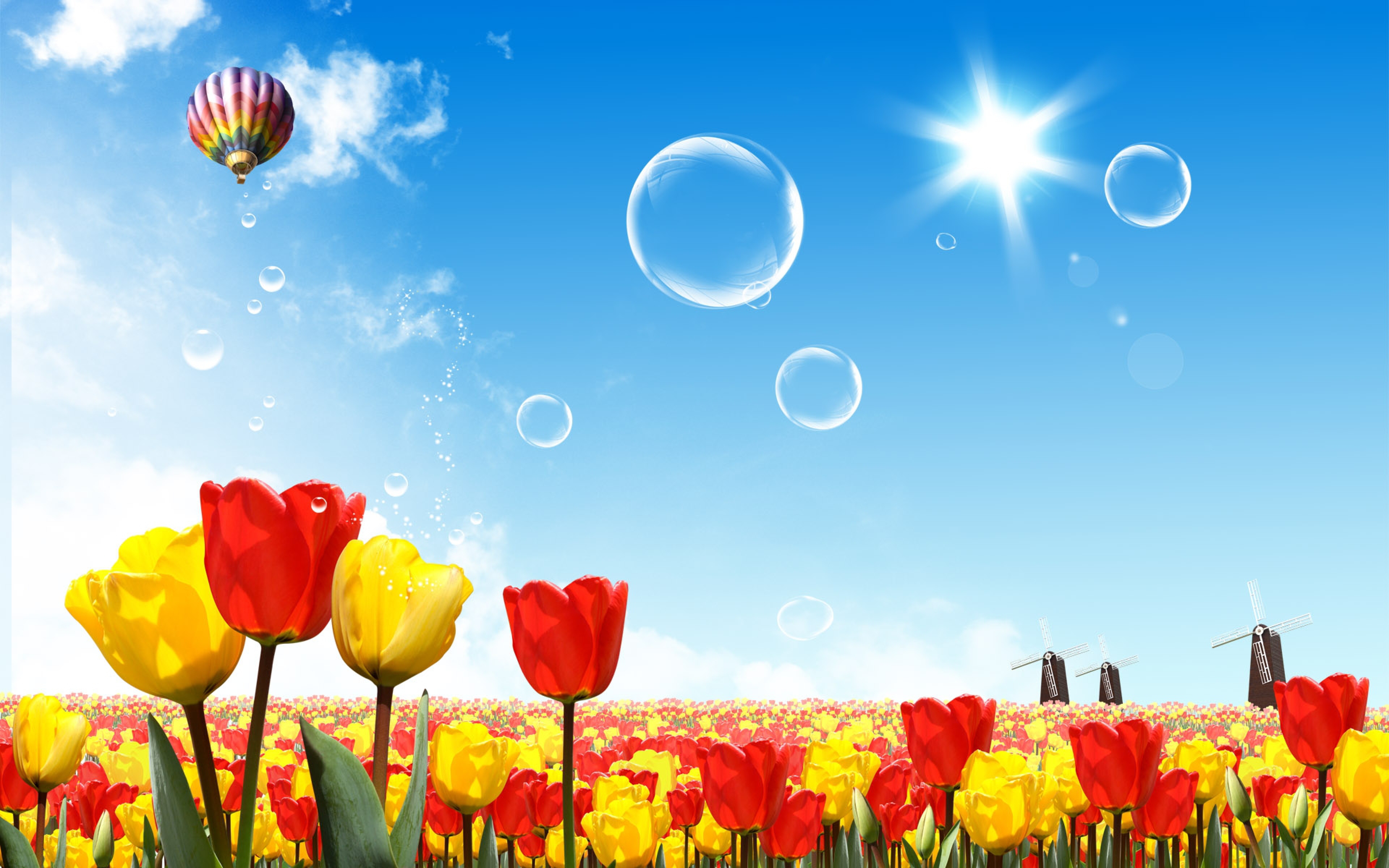 Download Wallpaper 3840x2400 Tulips, Sun, Sky, Hot air balloon ...