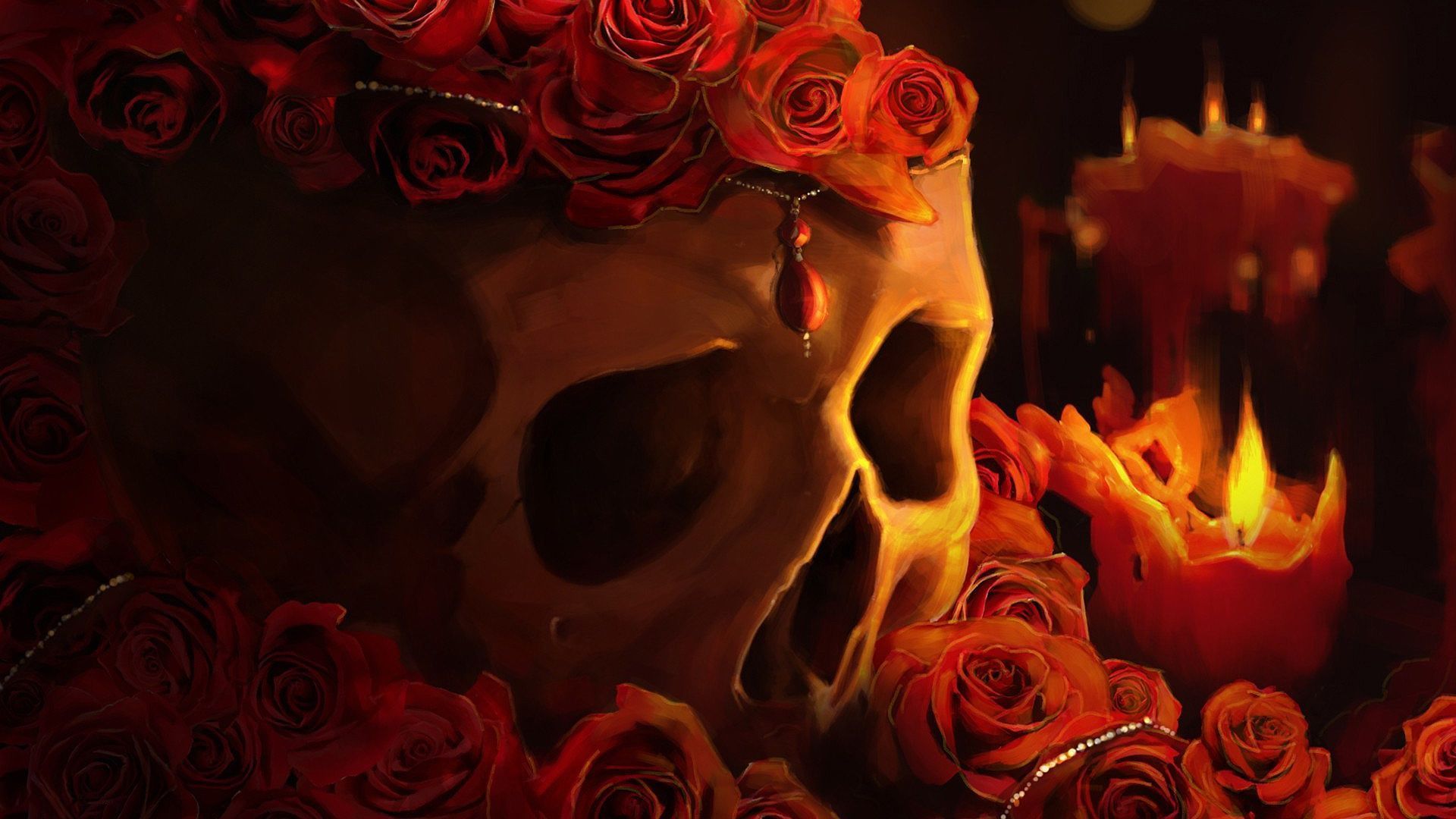 1920x1080 Red roses skull Wallpaper