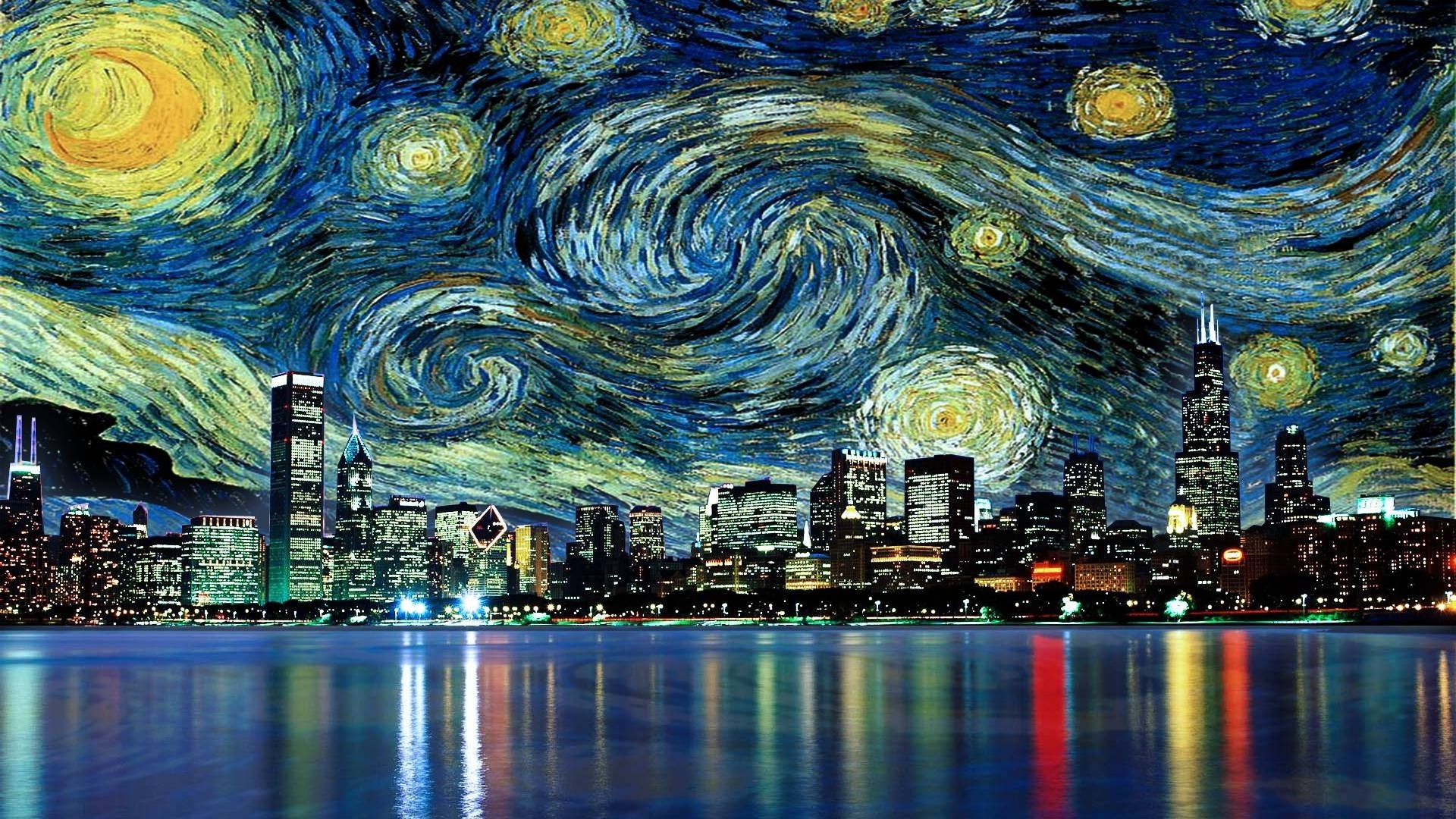 cityscape, Skyscraper, Reflection, Painting, Vincent Van Gogh ...