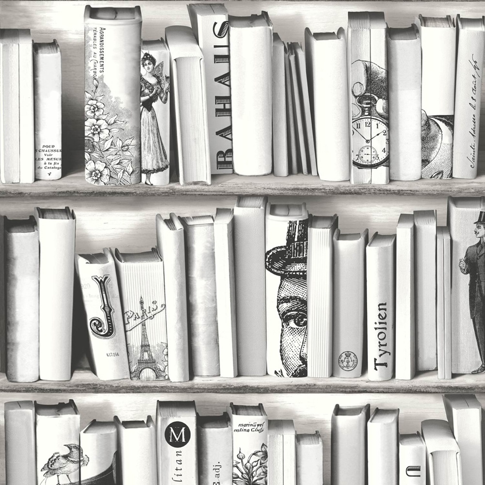 Muriva Book Shelf Case Pattern Library Vintage White Wallpaper E82209