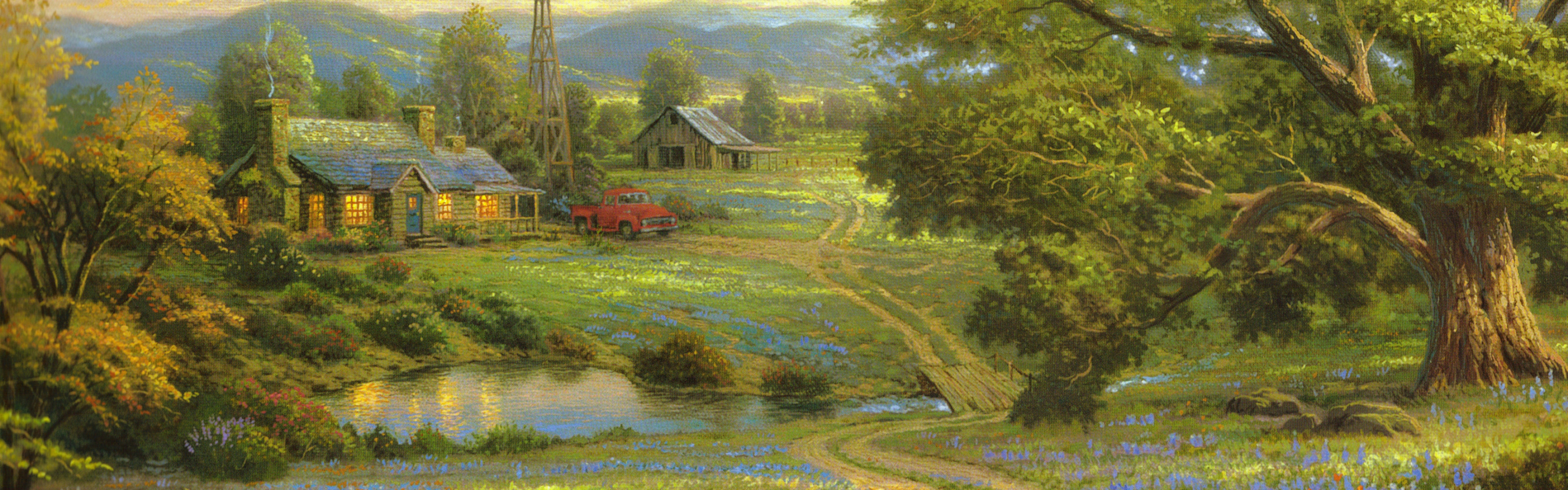 Download Wallpaper 3840x1200 Painting, Art, Landscape, Road ...