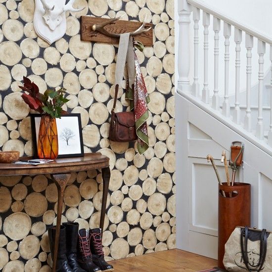 Rustic country hallway with log-effect wallpaper | housetohome.co.uk