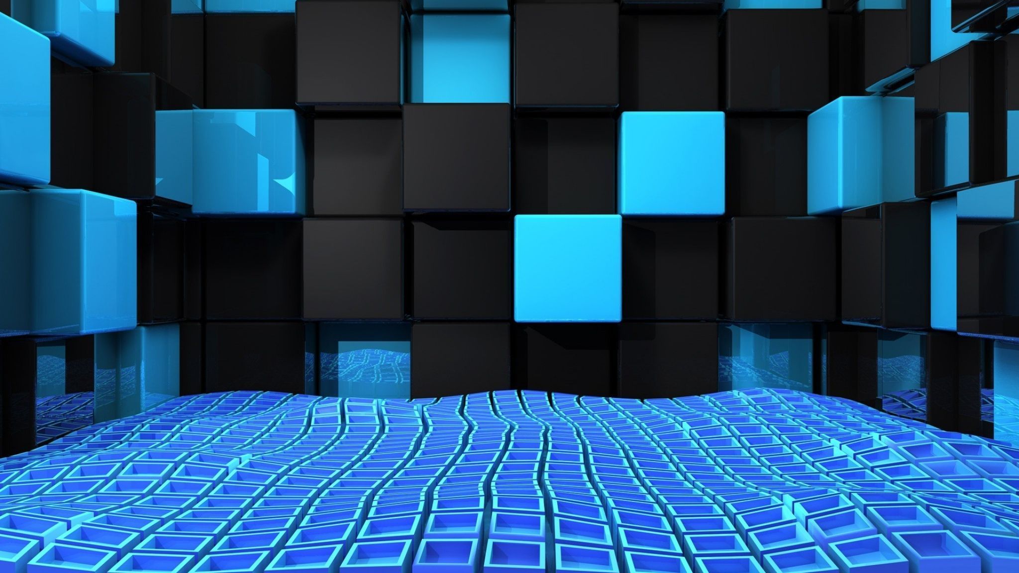 Download Wallpaper 2048x1152 Cube, Squares, Space, Blue, Black ...