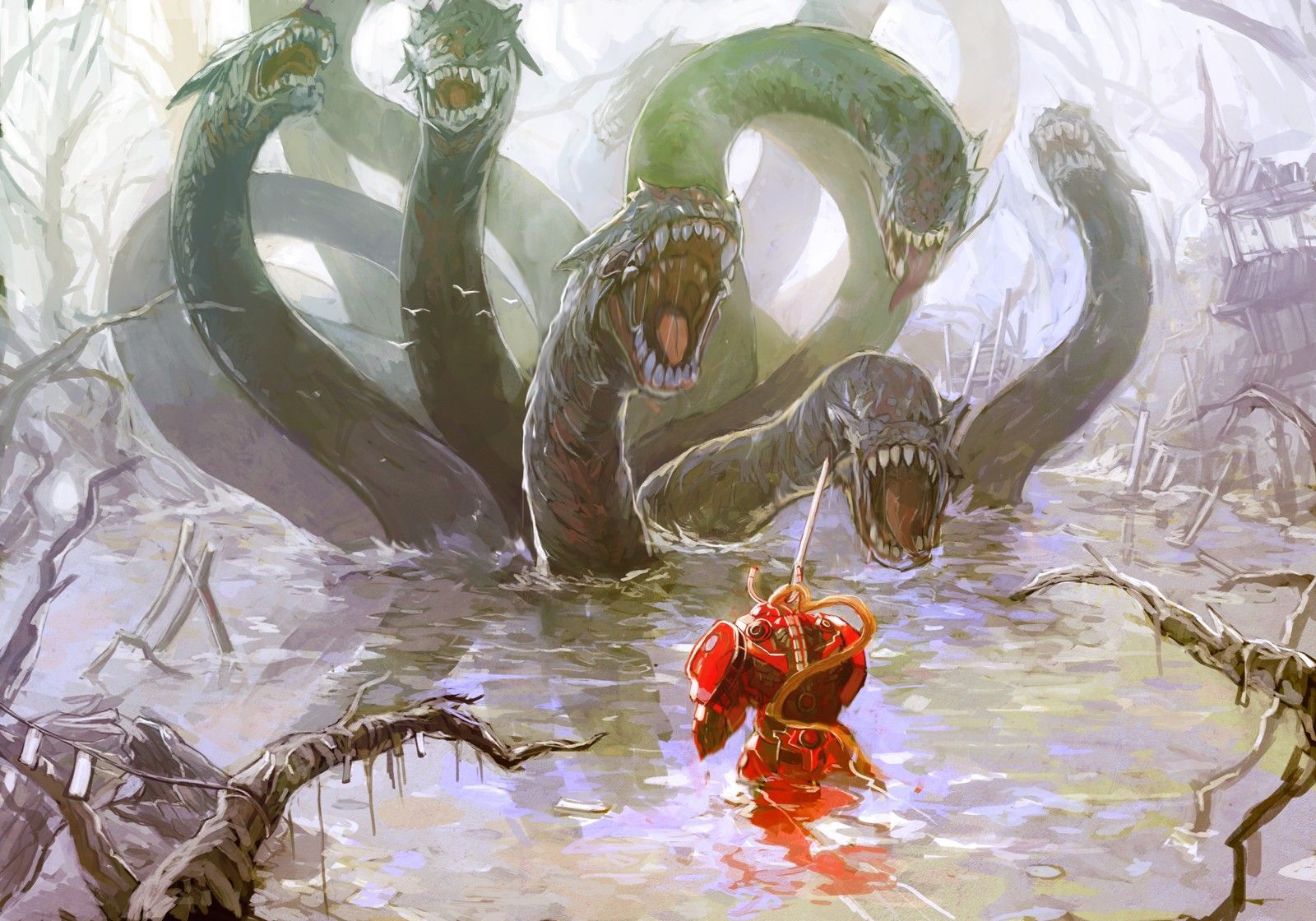 Hydra, fantasy art, armor, artwork, warriors, swamp :: Wallpapers