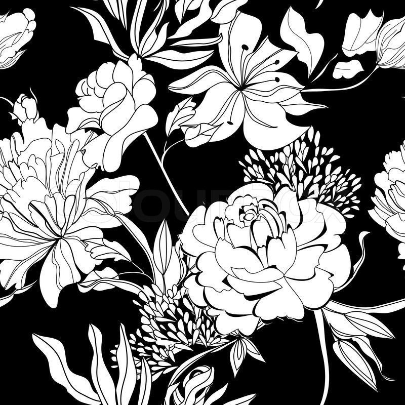 Decorative seamless wallpaper with white flowers on black ...