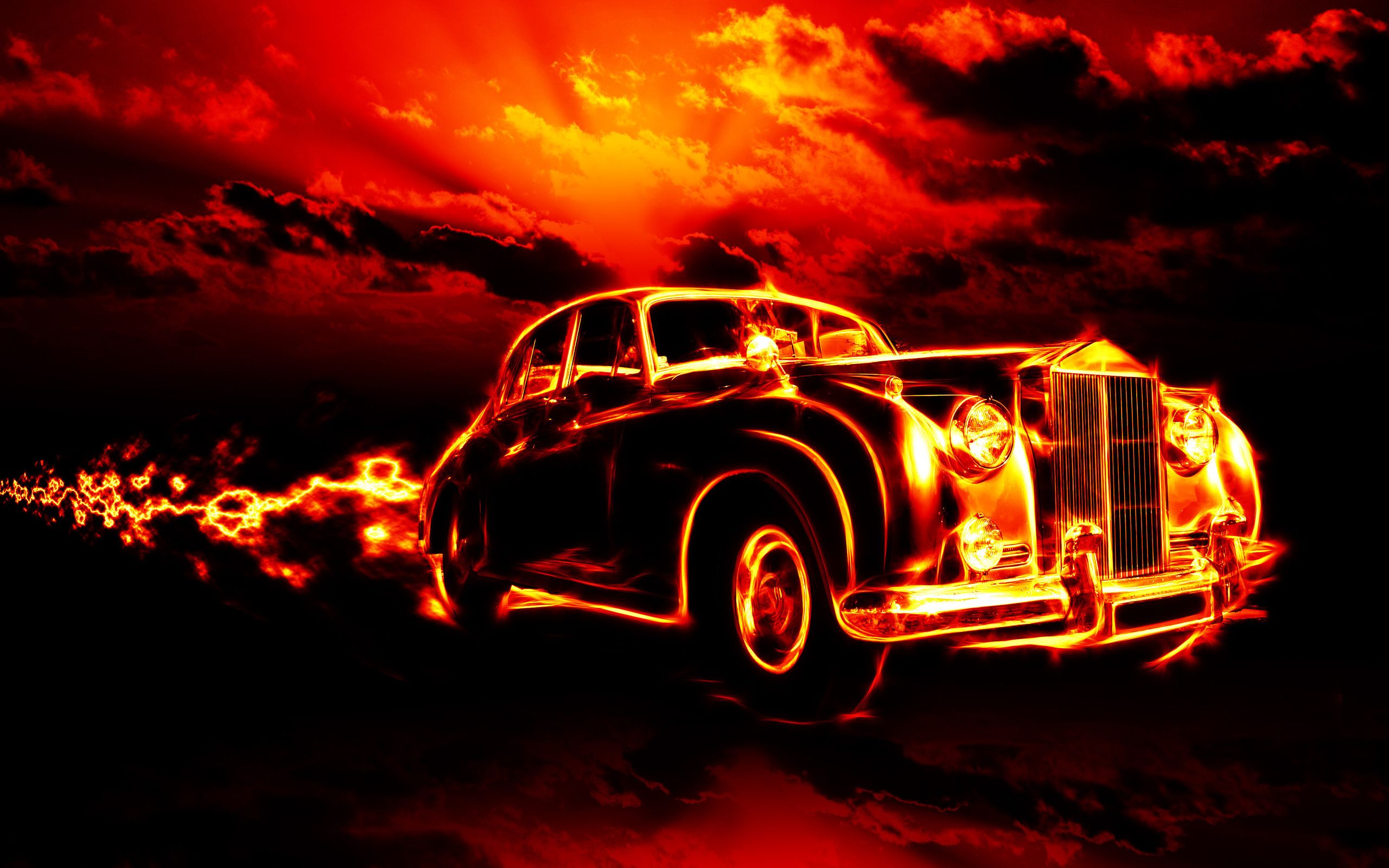 2560x1600 creepy, fire, flame, hell, ghost rider, city, clouds