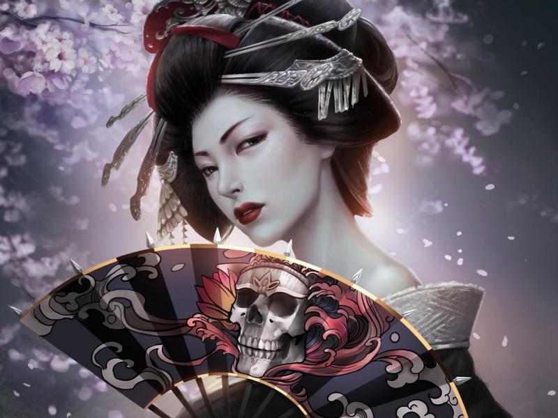 Fantasy japanese girl, geisha, kimono, paper fan, skull wallpaper ...