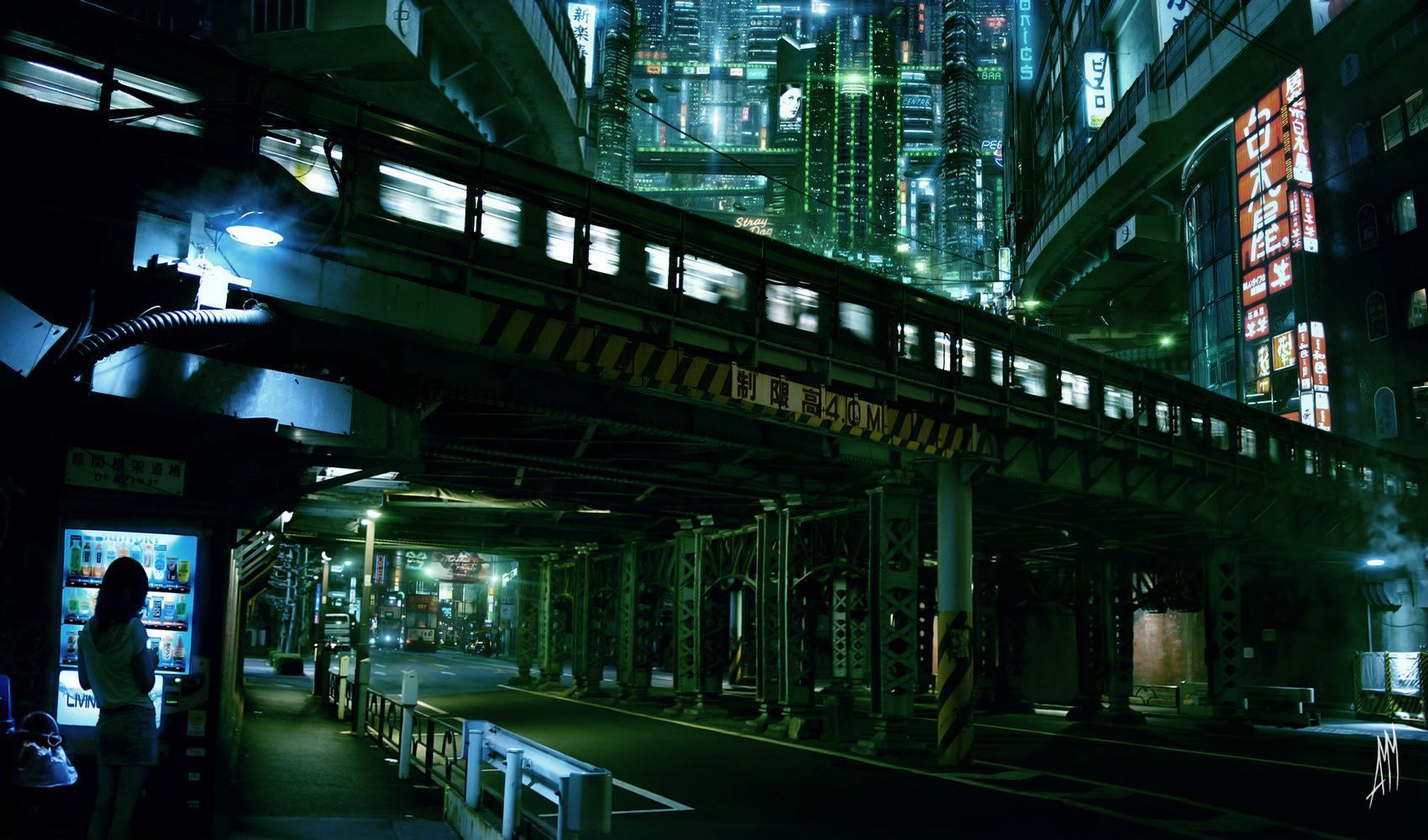 Cyberpunk city lights futuristic skyscrapers train tokyo AMM sci ...
