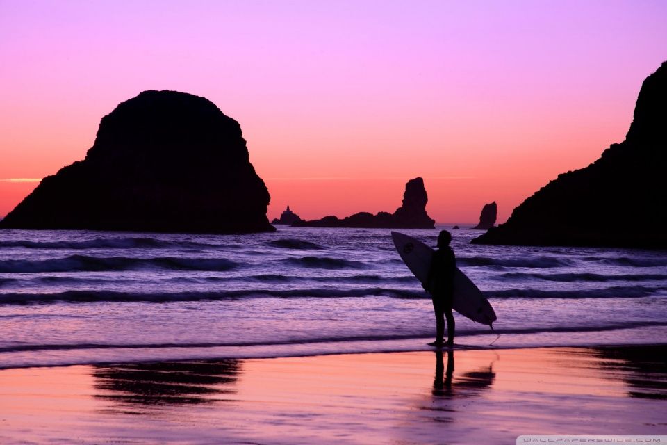 Surfer At Sunset Cannon Beach Oregon HD desktop wallpaper