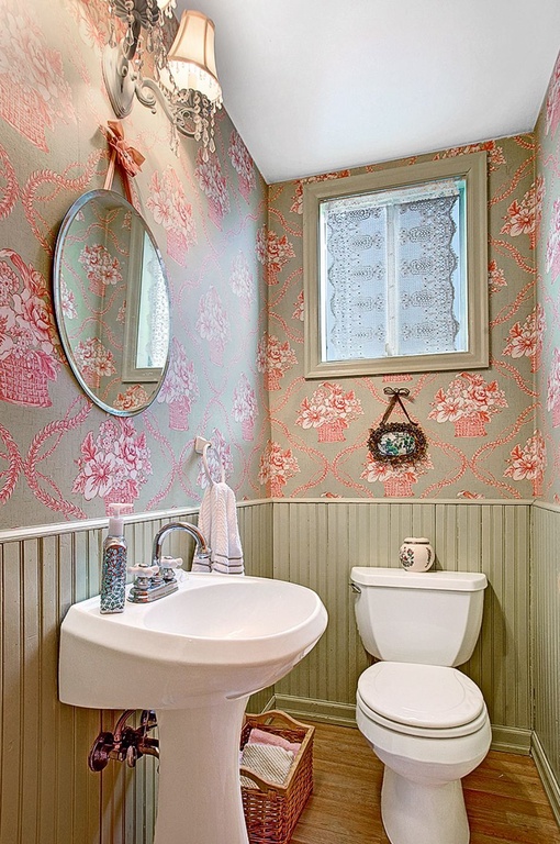 Cottage Powder Room with Hardwood floors & interior wallpaper in ...