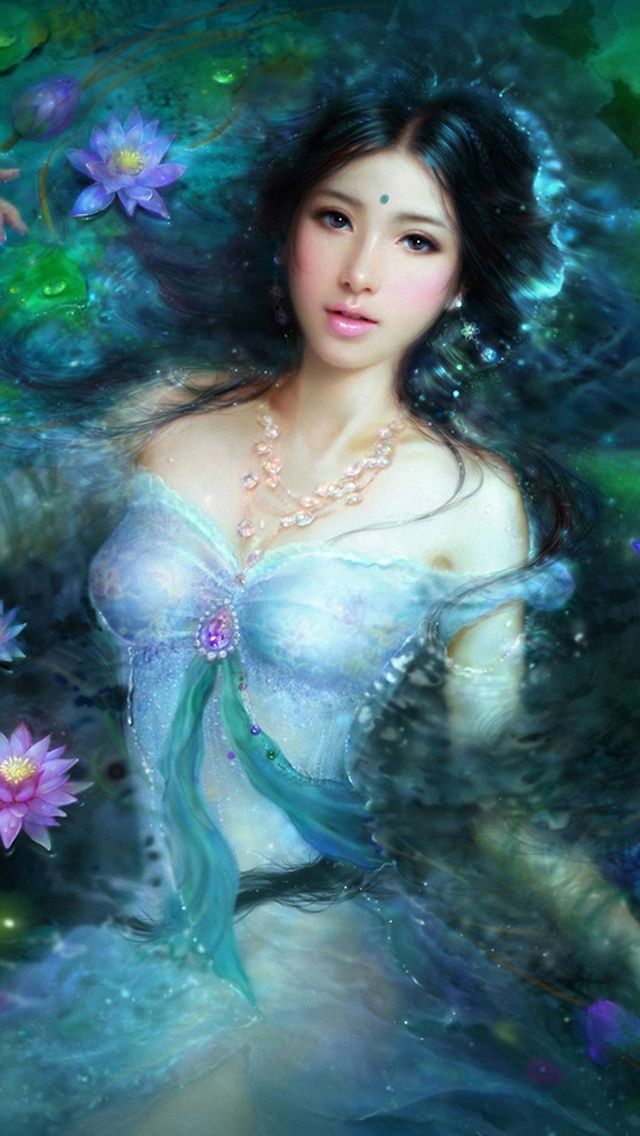 Fantasy Asian girl in lotus pool iPhone Wallpaper 640x1136