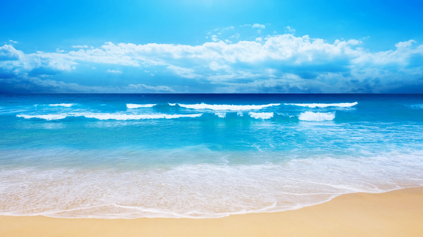 1366x768 Beach sand blue sea Wallpaper