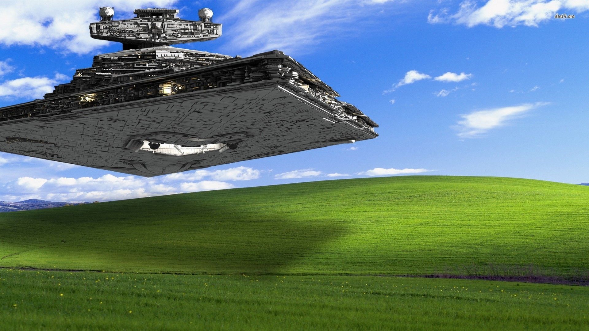 Star Wars ship above the green hill wallpaper - Digital Art