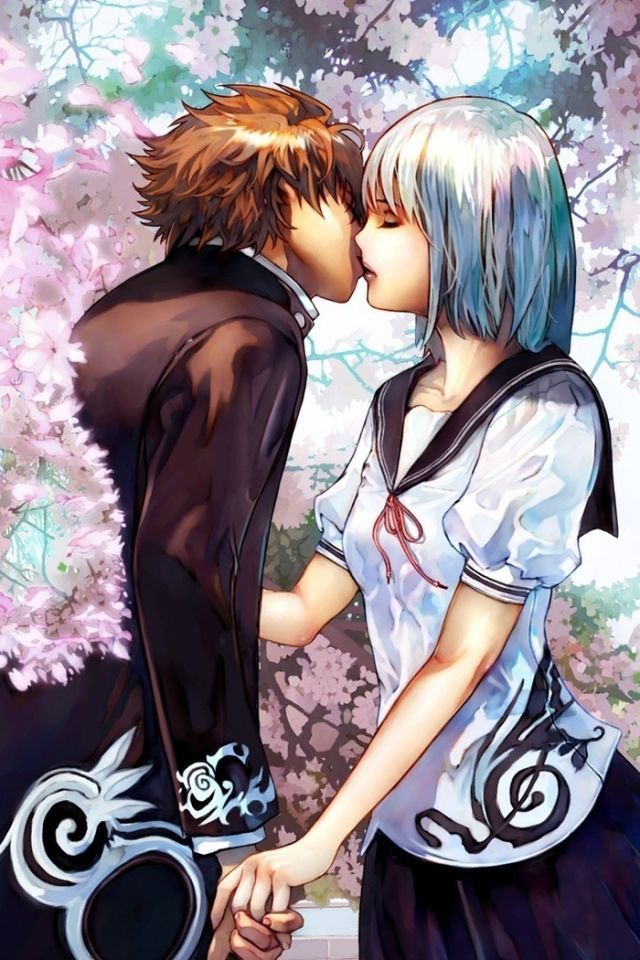 Download Wallpaper 640x960 Cherry kiss, Cherry blossoms, Couple