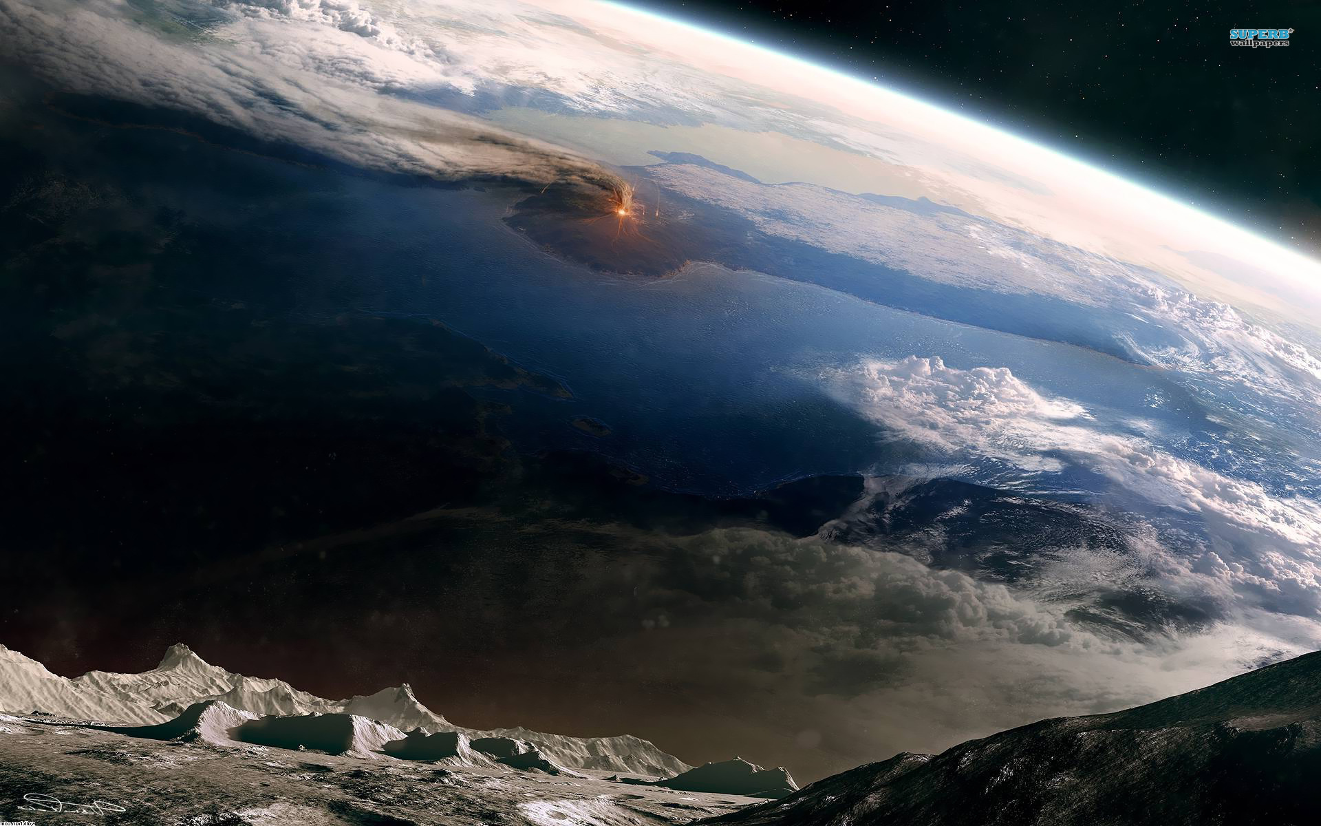 Volcano eruption view from the moon wallpaper - Fantasy wallpapers