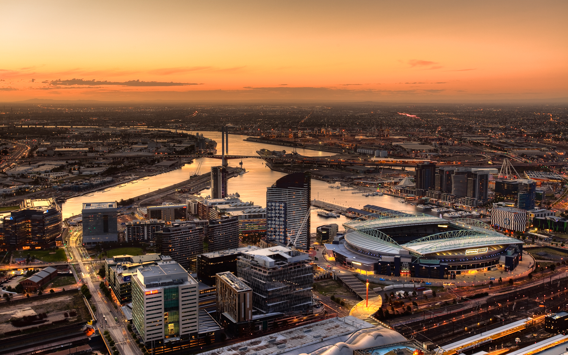 Wallpaper skyscrapers, bridge, evening, Melbourne, stadium