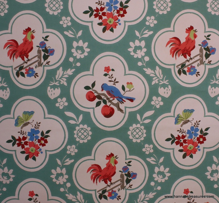 1940s Vintage Wallpaper Red and Aqua with birds cherries roosters