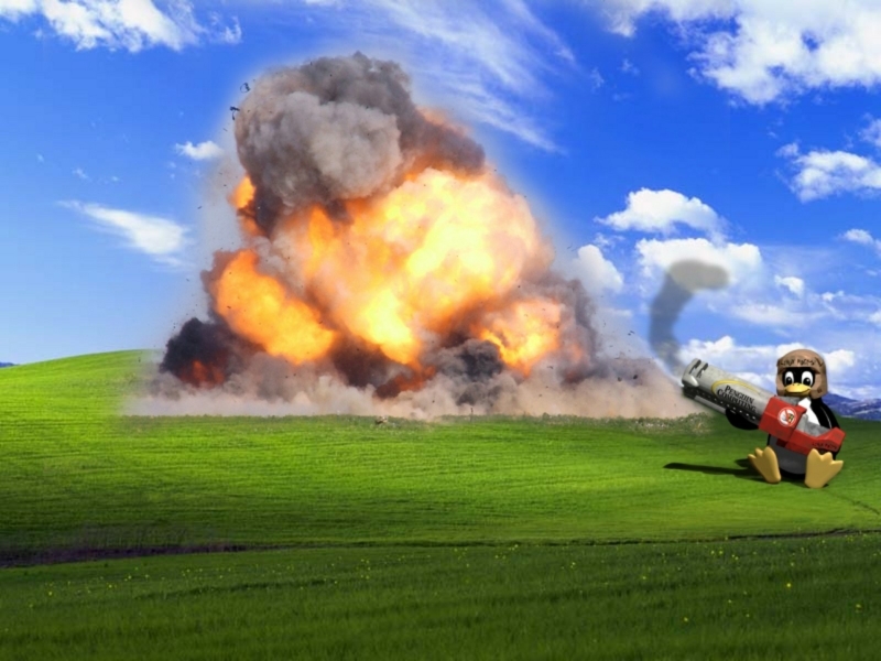 Explosions,bombs bombs explosions linux bliss tux windows xp