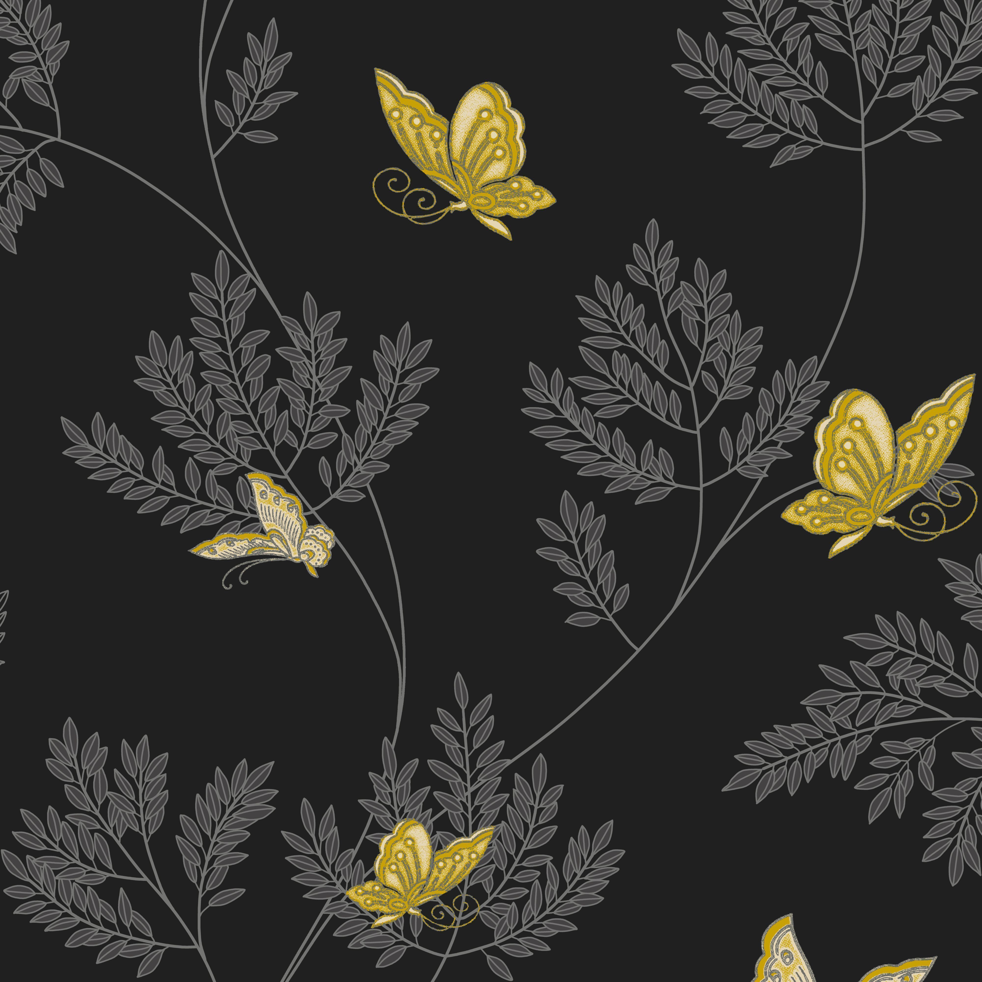 Hermione Floral Black, Grey & Yellow Wallpaper Departments DIY