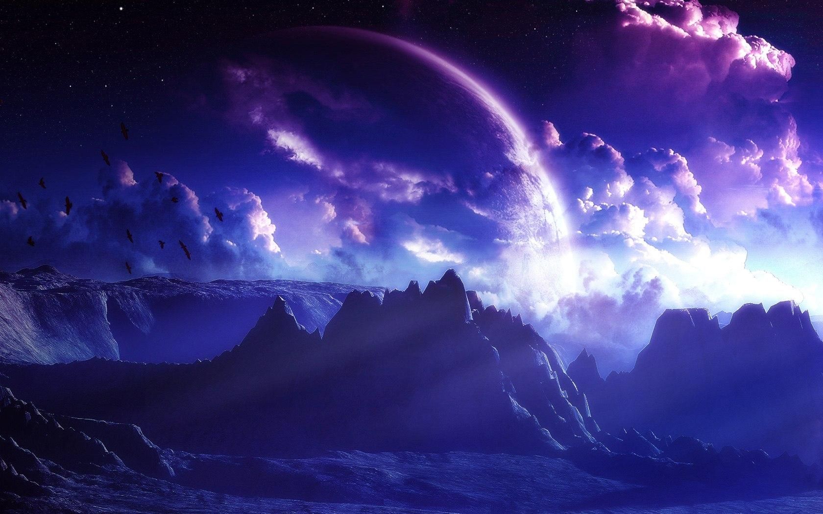 mountains clouds space birds planets purple mountain hd wallpaper ...