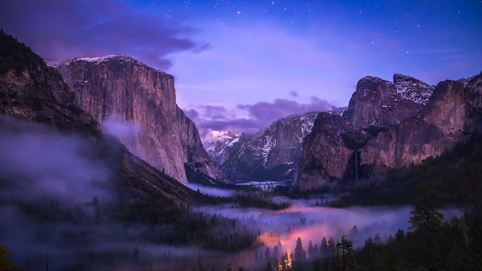 Yosemite National Park, fog, waterfalls, valley, night wallpaper