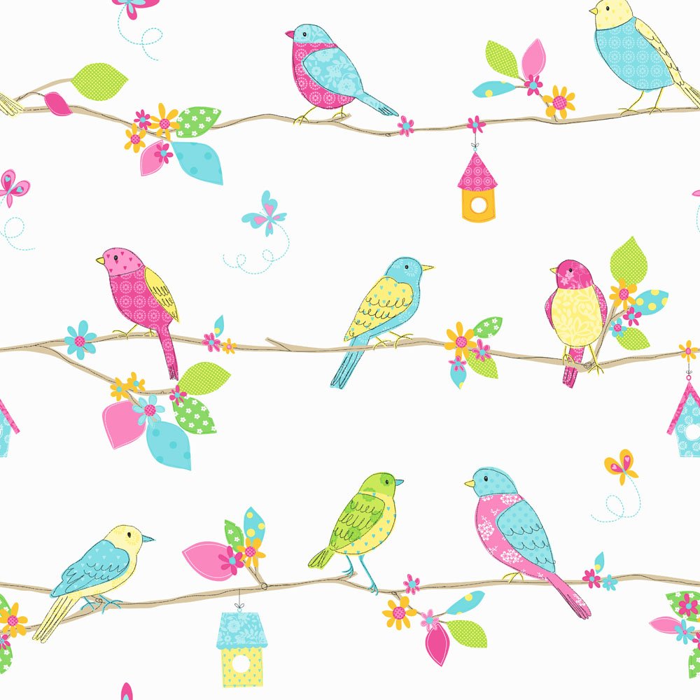 Fine Decor Pretty Birds Hoopla Designer Feature Wallpaper Blue ...