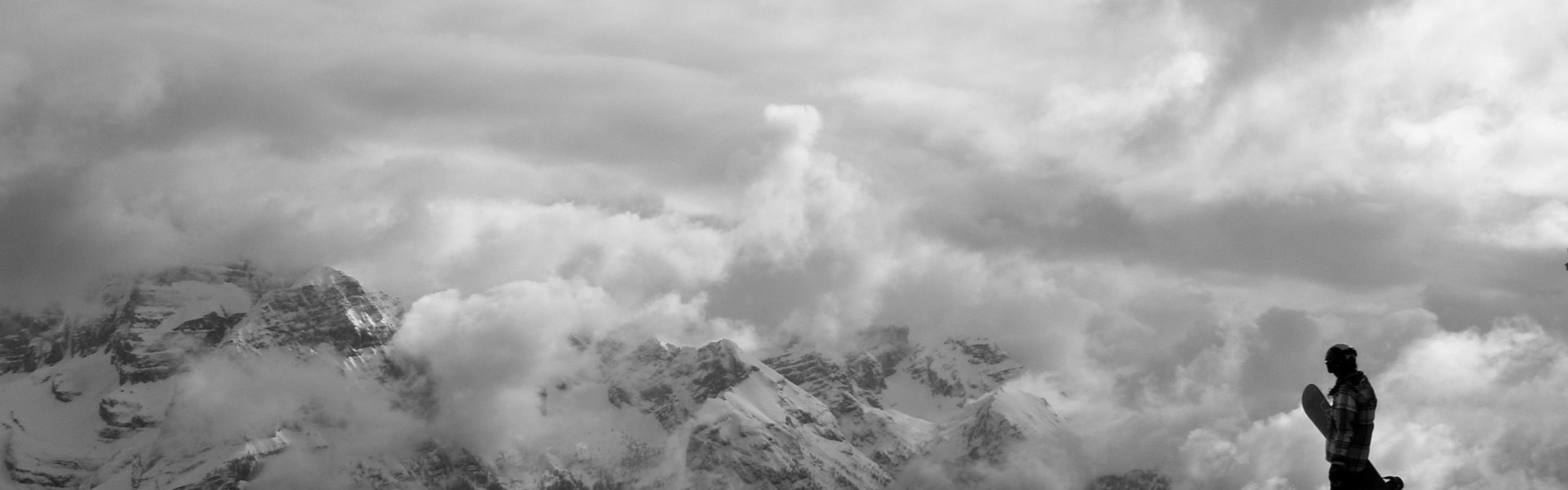 Download Wallpaper 3840x1200 Mountain, Snowboard, Top, Fog ...